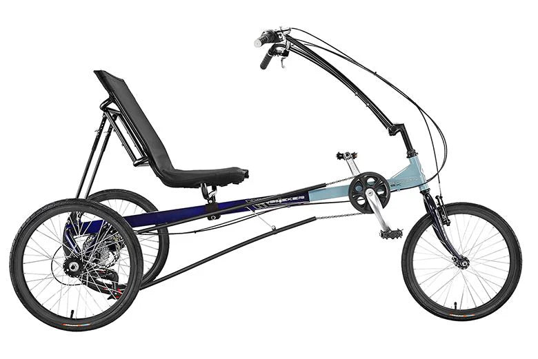 Studio right side profile view of Sun seeker Eco Delta SX recumbent trike. Black fork, front half of frame bluish gray, back half of frame is royal blue. Above seat handlebars are black so is seat.