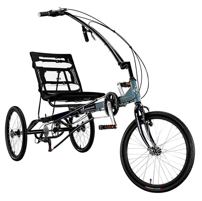 Studio front right angle view of gray blue Sun Seeker eco-delta recumbent trike.  Fork is black, front half of frame is blueish gray, back half of frame is ryal blue, handlebars and seat are black.