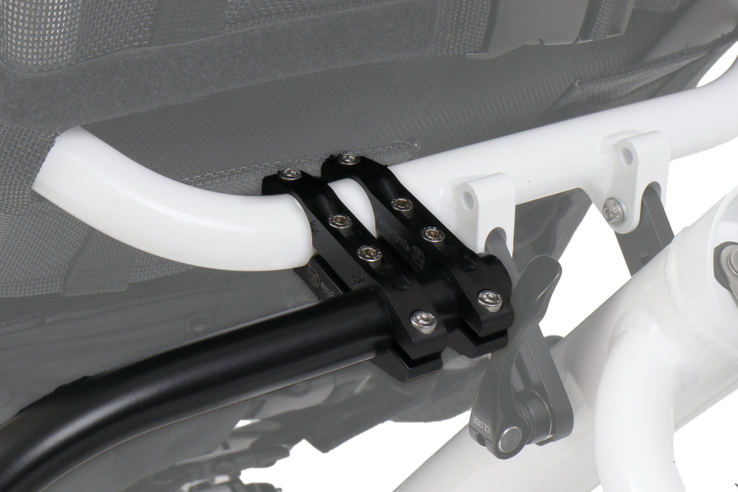 T-Cycle Catrike SeatSide Seat Mount Kit for Folding Trikes mounted on white Catrike 559 Studio image frame clamp closeup