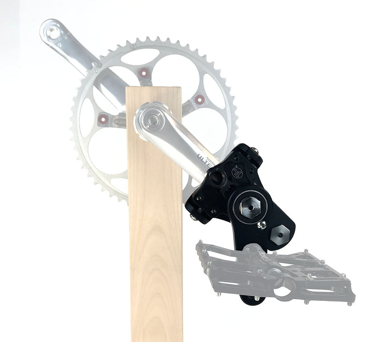 T-Cycle Easy Knees Pedal Swing and Crank Shortener, studio assembled view mounted on crankarm with pedal 