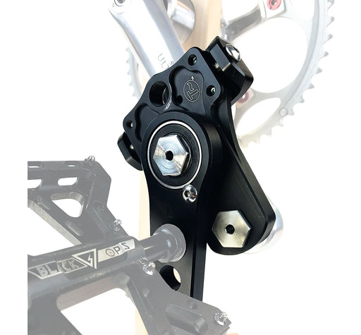 T-Cycle Easy Knees Pedal Swing and Crank Shortener, studio assembled view mounted on crankarm with pedal