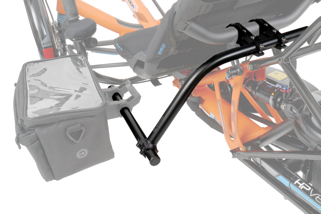 T-Cycle HP Velotechnik Scorpion Ergomesh Std Classic SeatSide Mount Kit with bag mounted to orange HPV Scorpion studio image