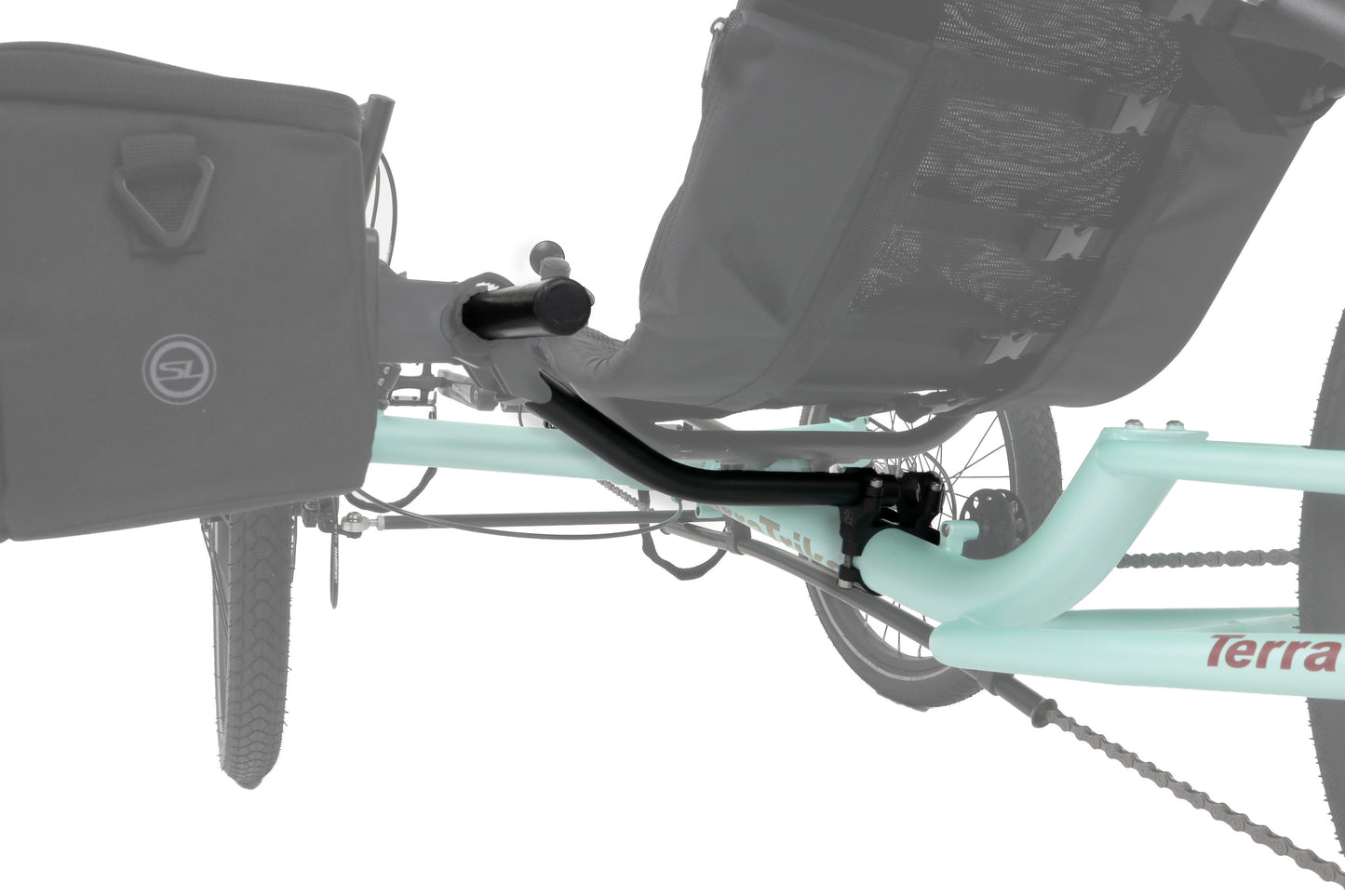 T-Cycle TerraTrike SeatSide Main Frame Mount Kit mounted to a TerraTrike with bag attached studio image