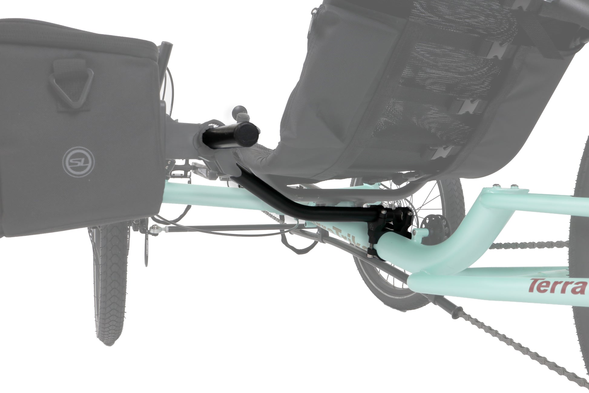T-Cycle TerraTrike SeatSide Main Frame Mount Kit mounted to a TerraTrike with bag attached studio image