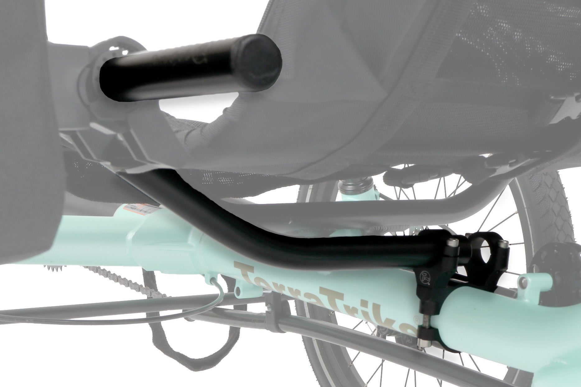 T-Cycle TerraTrike SeatSide Main Frame Mount Kit mounted to a TerraTrike with bag attached closeup studio image