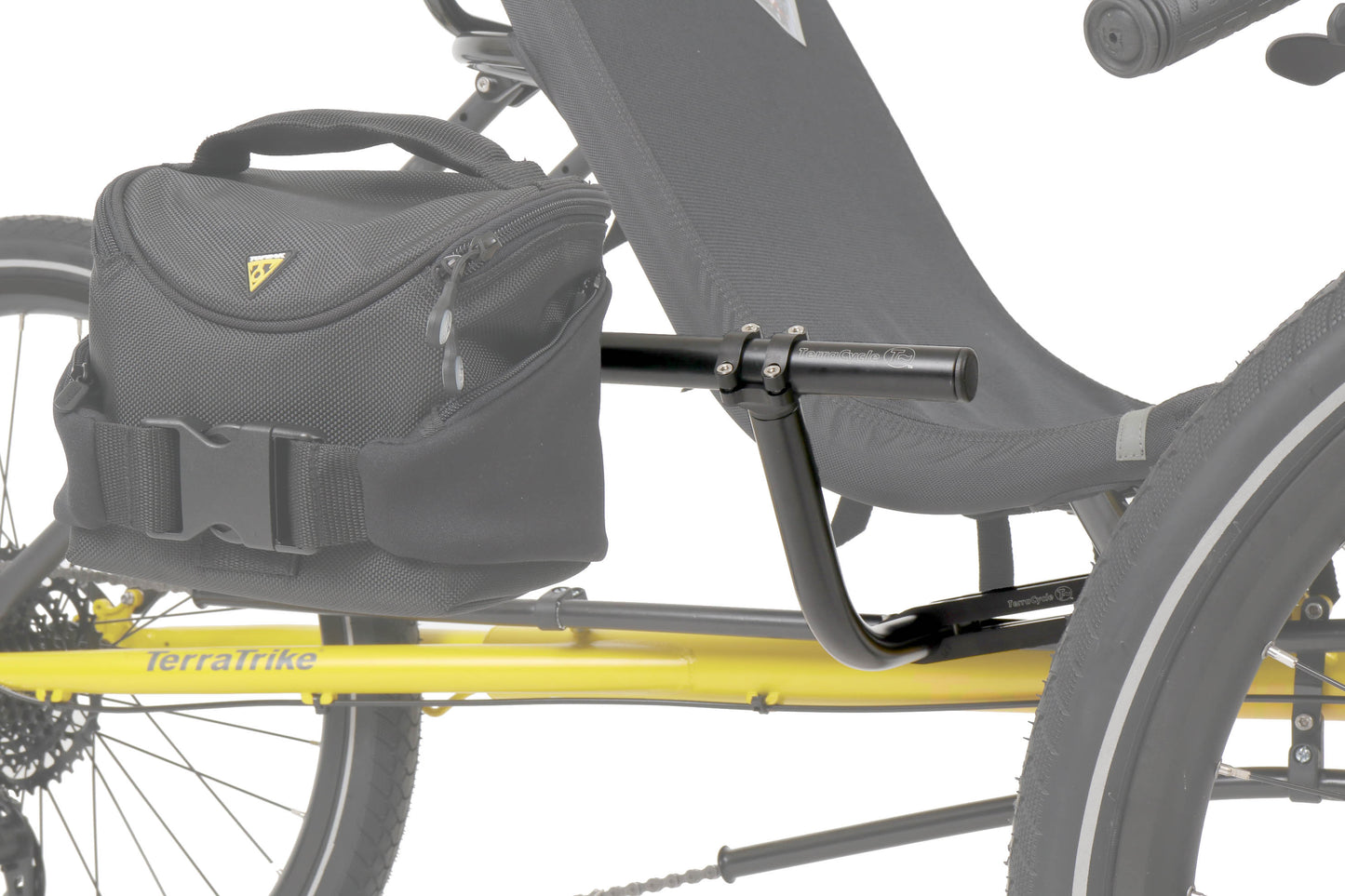 T-Cycle TerraTrike SeatSide Seat Mount Kit (Bottom of Seat) mounted to terratrike with bag on it studio image