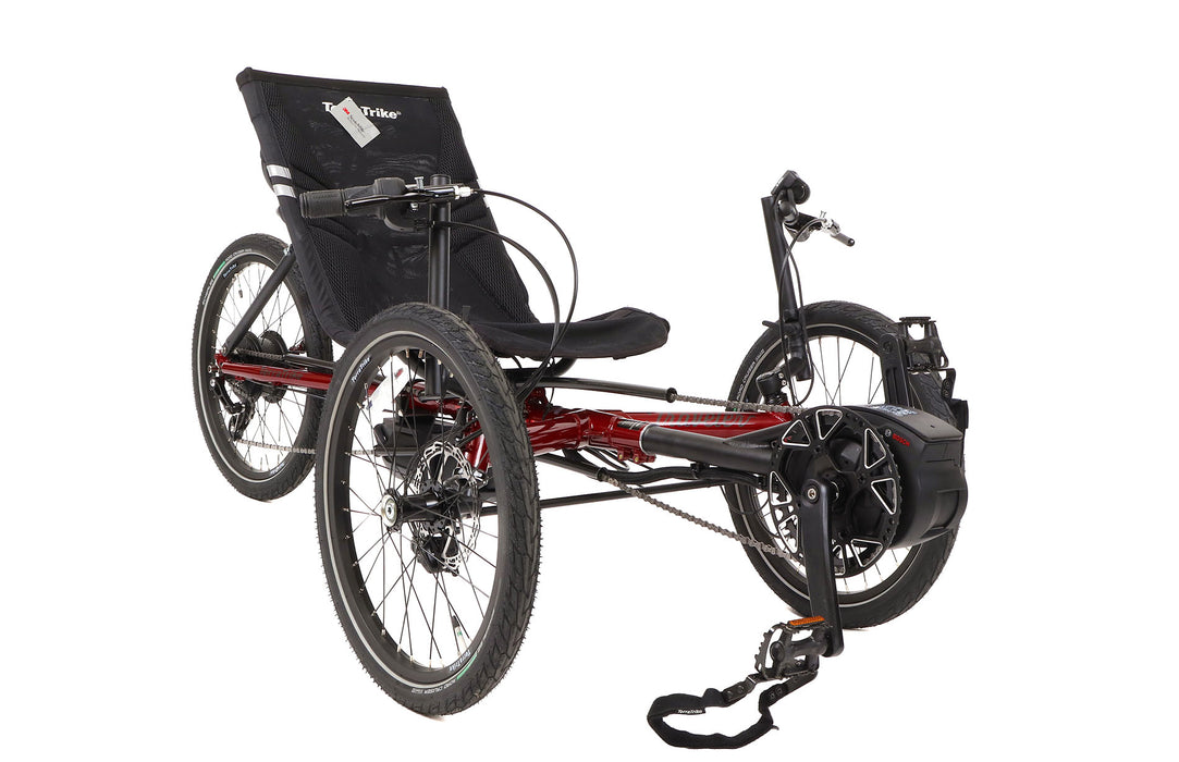 TerraTrike Traveler Candy Apple Red Recumbent Trike with Bosch Boost Kit, studio front quarter view