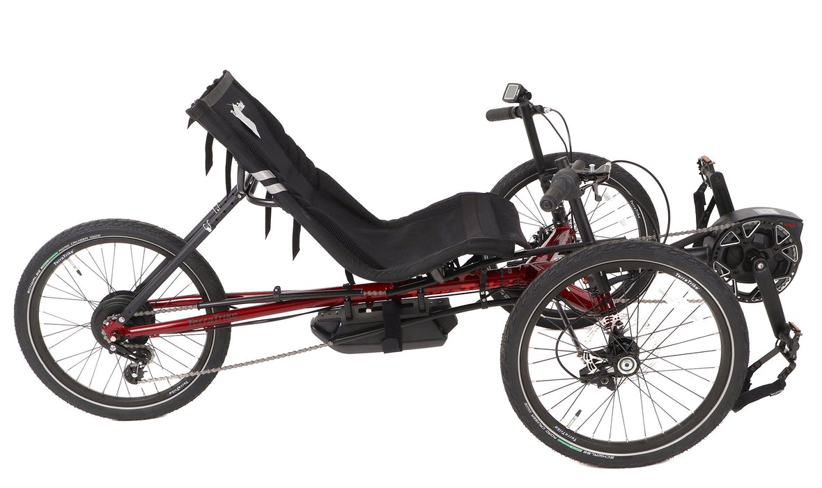 TerraTrike Traveler Candy Apple Red Recumbent Trike with Bosch Boost Kit, studio side view