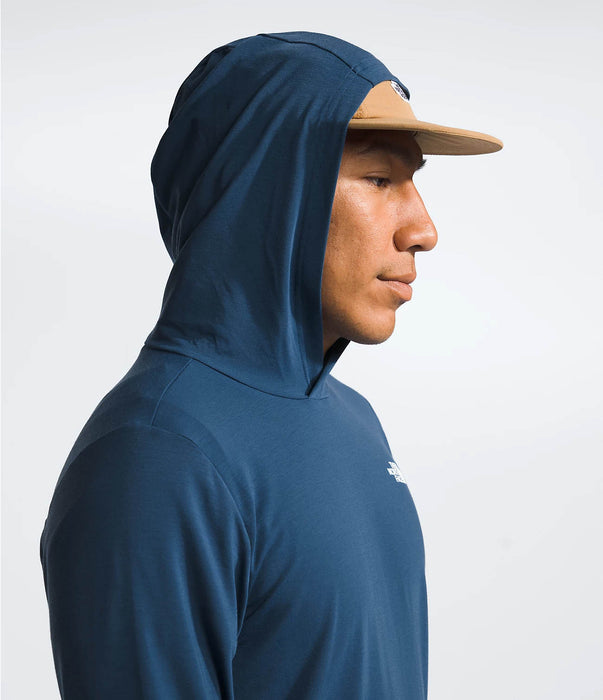 The North Face Mens Adventure Sun Hoodie Shady Blue being worn by model hoodie closeup studio image