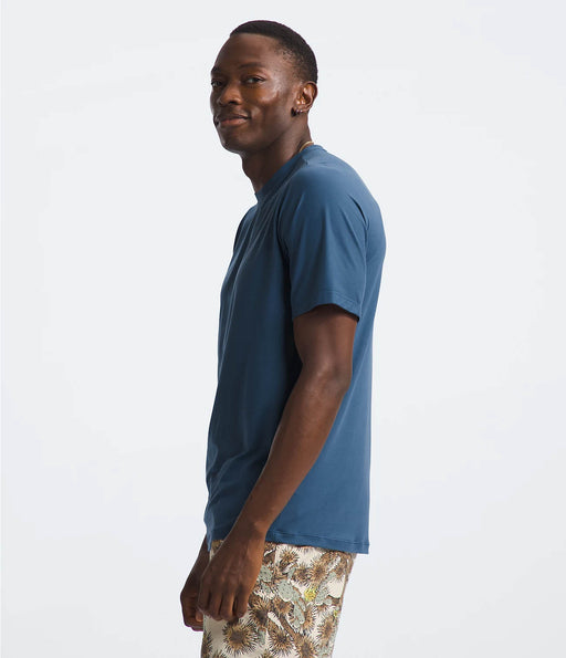 The North Face Mens Dune Sky S/S Crew Shady Blue being worn by model halfbody studio image side view