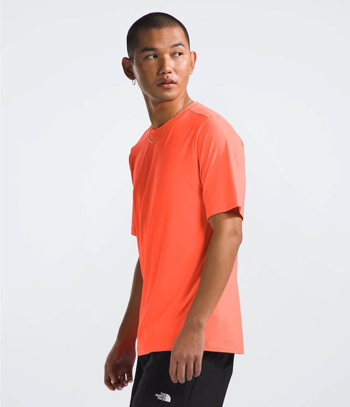 The North Face Mens Dune Sky S/S Crew Vivid Flame being worn by model halfbody studio image side view
