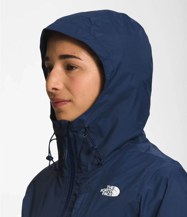 The North Face Womens Alta Vista Jacket Summit Navy being worn by model hood closeup studio image