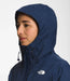The North Face Womens Alta Vista Jacket Summit Navy being worn by model hood closeup studio image