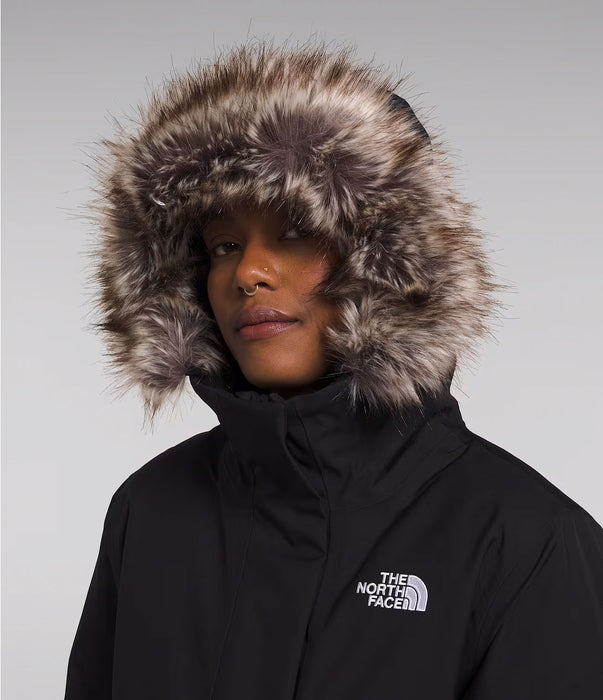 The North Face Women's Arctic Parka TNF Black, studio front hood detail view