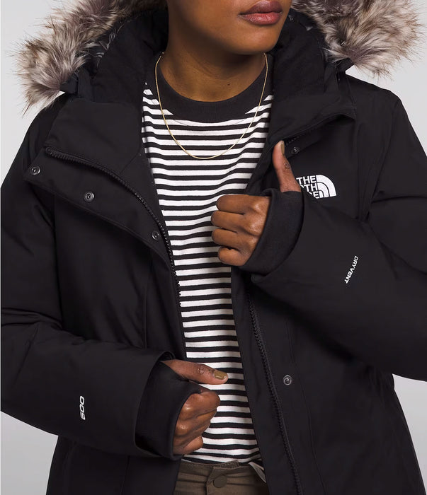 The North Face Women's Arctic Parka TNF Black, studio front sleeve detail view