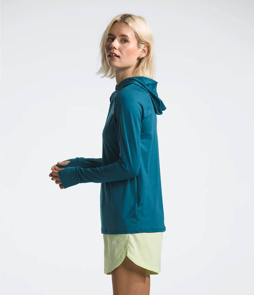 The North Face Womens Class V Water Hoodie Blue Moss being worn by model halfbody studio image side