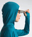 The North Face Womens Class V Water Hoodie Blue Moss being worn by model hood closeup studio image