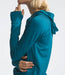 The North Face Womens Class V Water Hoodie Blue Moss being worn by model sleeve closeup studio image