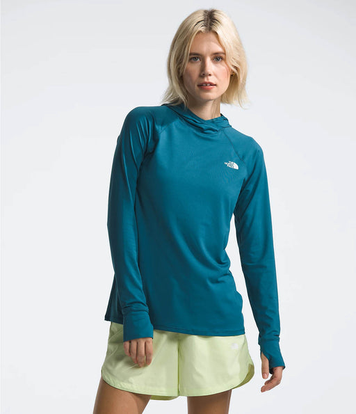 The North Face Womens Class V Water Hoodie Blue Moss being worn by model halfbody studio image front