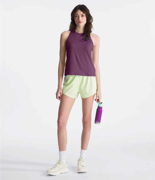 The North Face Womens Dune Sky Standard Tank Black Currant Purple being worn by model fullbody studio image front