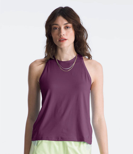 The North Face Womens Dune Sky Standard Tank Black Currant Purple being worn by model halfbody studio image front