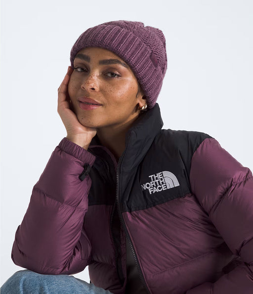 The North Face Womens Oh Mega Lined Beanie Midnight Mauve, studio image on model