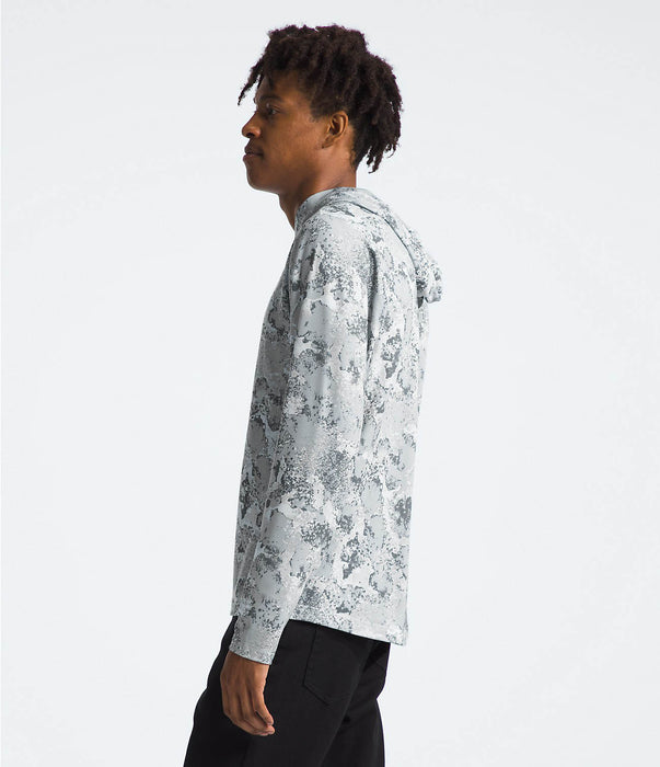 The North Face Mens Adventure Sun Hoodie High Rise Grey Moss Camo Print being worn by model half body side view studio image.