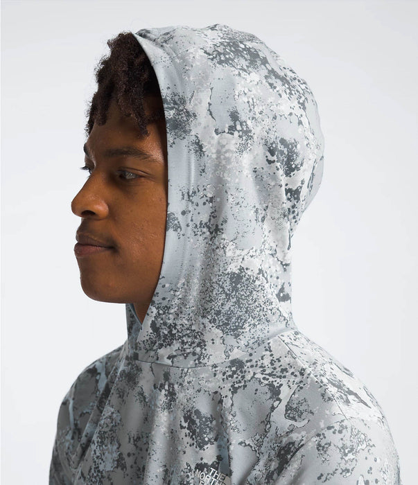 The North Face Mens Adventure Sun Hoodie High Rise Grey Moss Camo Print being worn by model hood closeup side view studio image.