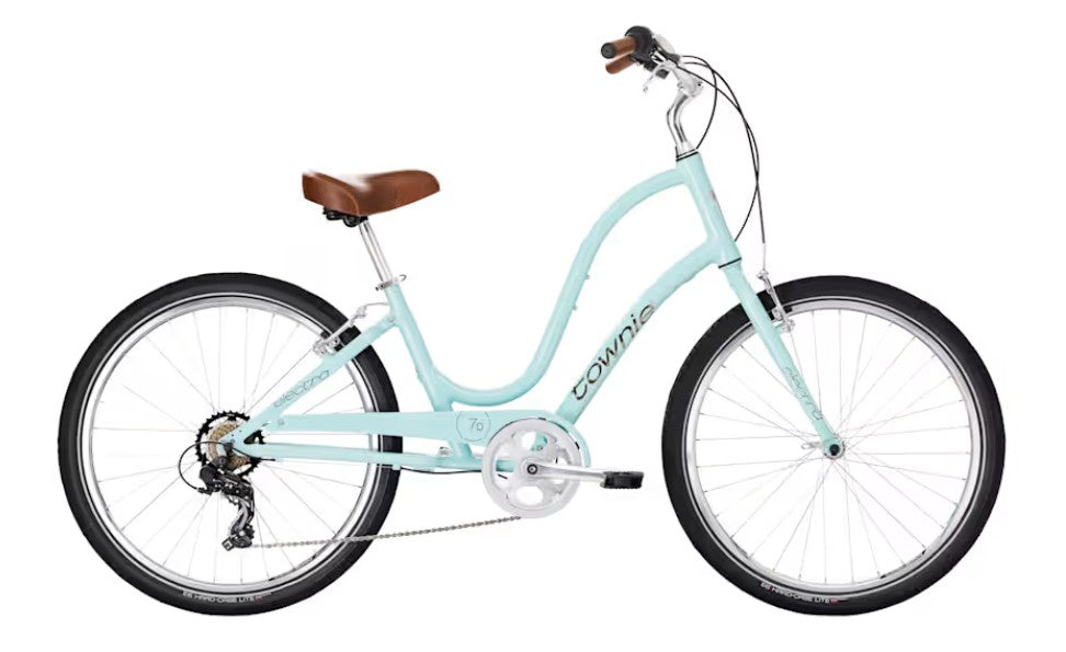 Light blue bicycle with brown seat on a white background