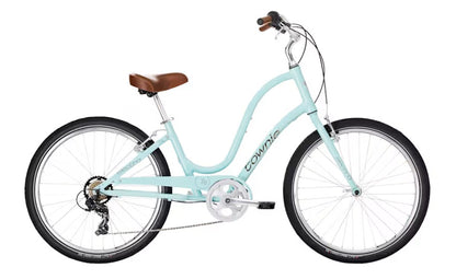 Light blue bicycle with brown seat on a white background