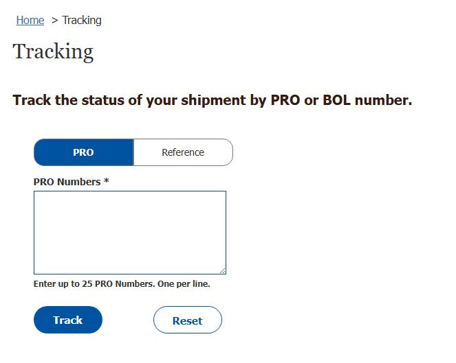 Tracking page for shipment status with PRO number input field on a white background.