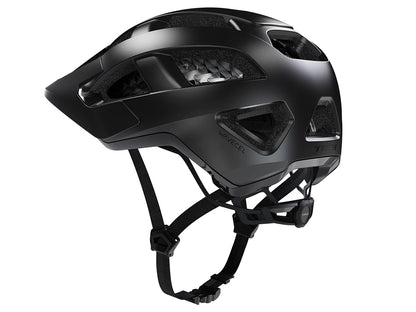 Studio left side view of a black bicycle helmet with five ventilation channels visible across the helmet, black visor, chin strap and size-adjustment dial. 