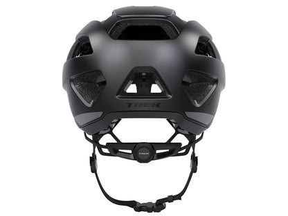 Studio back view of a black bicycle helmet with six ventilation channels visible, a black size adjustment dial and chin strap.