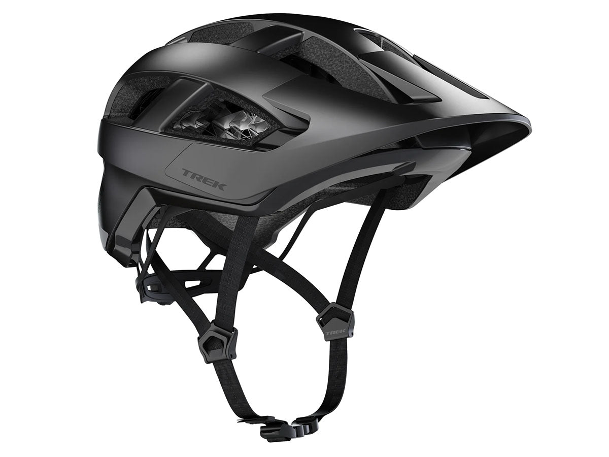 Studio front quarter view of a black helmet with black visor, chin strap and fit adjustment dial.