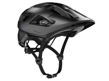 Studio front quarter view of a black helmet with black visor, chin strap and fit adjustment dial.