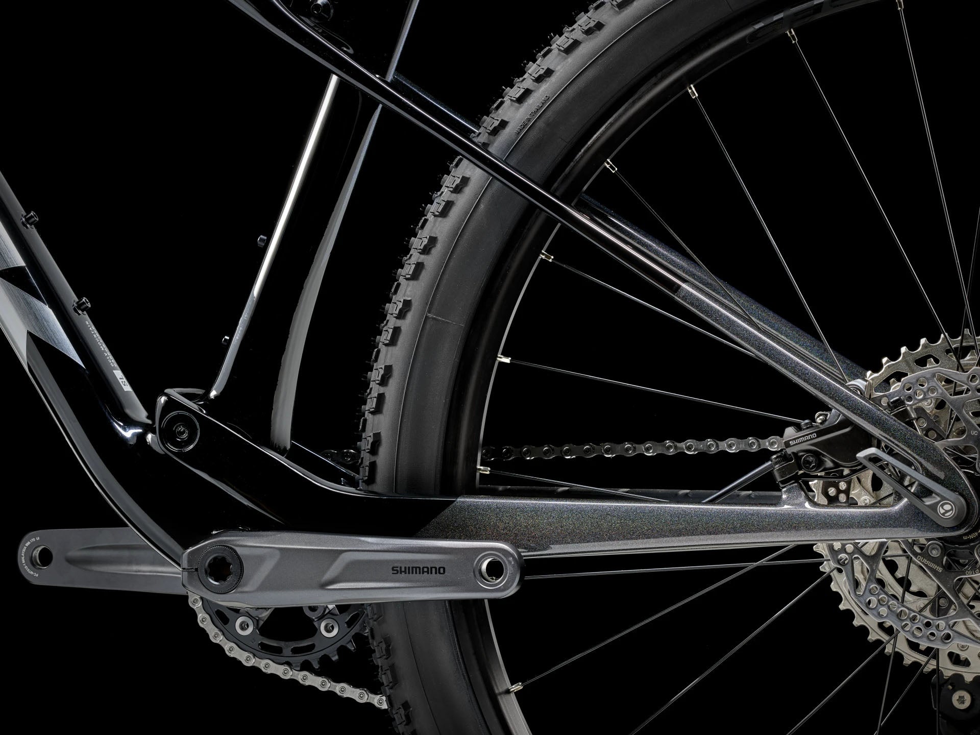 Trek Supercaliber SL 9.6 Dark Prismatic, studio side detail view