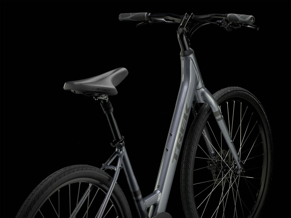 Trek Verve 2 Lowstep Gen 5 Galactic Grey, studio rear quarter view