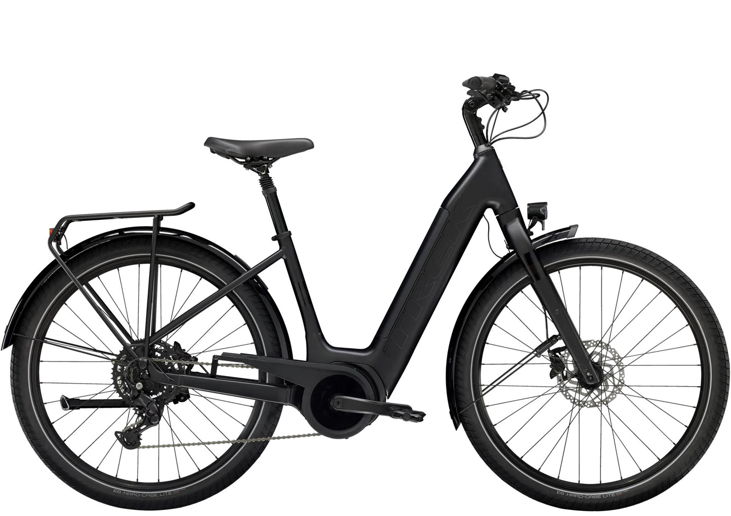 Side view of the Trek Verve+ 3 Lowstep Gen 3 e-Bike in Black, shown on a white background. It includes fenders, lights, rear rack, suspension seatpost, and kickstand.