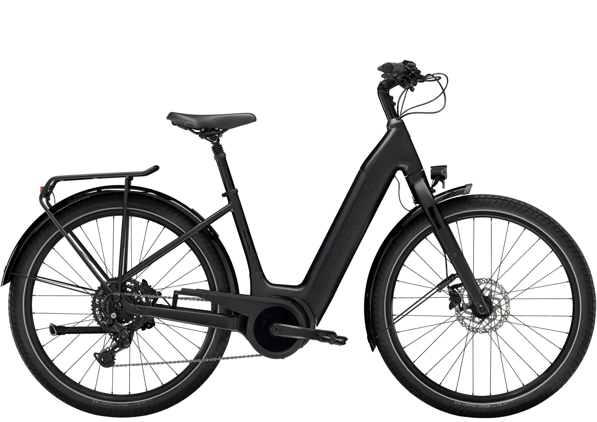 Side view of the Trek Verve+ 3 Lowstep Gen 3 e-Bike in Black, shown on a white background. It includes fenders, lights, rear rack, suspension seatpost, and kickstand.
