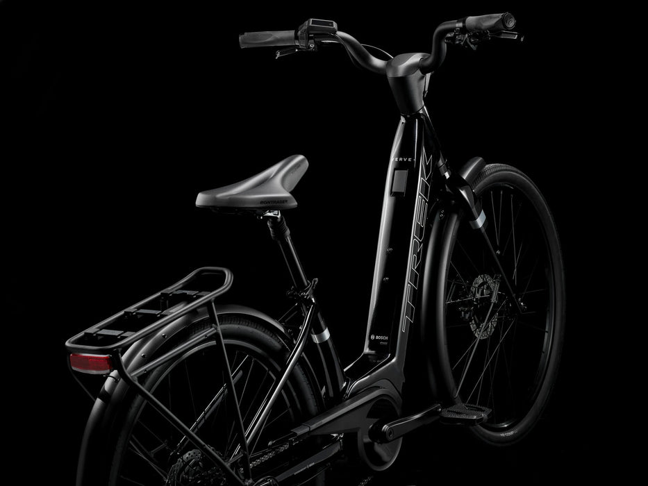 Trek Verve+ 2 Lowstep Gen 3 e-Bike Black, studio rear quarter view