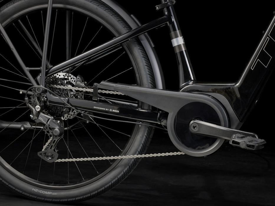 Trek Verve+ 2 Lowstep Gen 3 e-Bike Black, studio drivetrain detail view