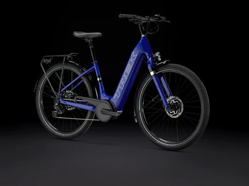 Trek Verve+ 3 Lowstep Gen 3 e-Bike Hex Blue, studio front quarter view