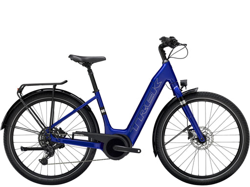 Trek Verve+ 3 Lowstep Gen 3 e-Bike Hex Blue, studio side view