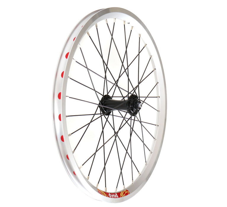 Velocity Dyad 20" 406mm MSW Silver 32h Black Spokes & Silver Nips Standard 100mm Front Wheel, studio front quarter view