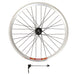 Velocity Dyad 20" 406mm MSW Silver 32h Black Spokes & Silver Nips Standard 100mm Front Wheel, studio side view