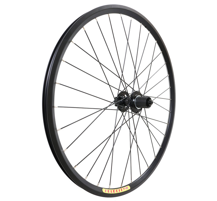 Velocity Dyad 26" 559mm NMSW Black 32h Black Spokes & Silver Nips Standard 135mm Rear Disc Wheel, studio front quarter view