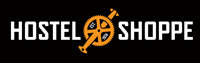 Hostel Shoppe logo with white lettering on a black background with an orange crankset