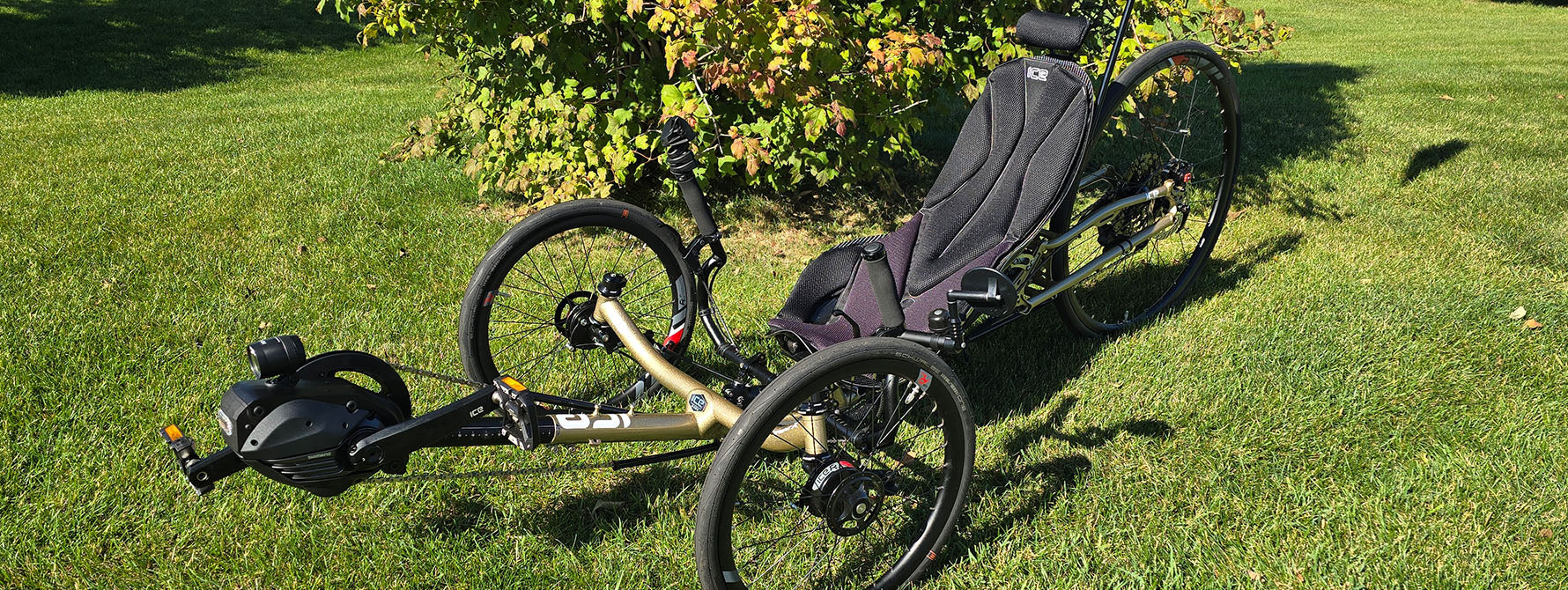 An ICE Sprint X 700 RS STEPS EP 801 Custom Red Gold Recumbent Trike sits on a green lawn in front of a bush with fall colors.