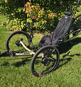 An ICE Sprint X 700 RS STEPS EP 801 Custom Red Gold Recumbent Trike sits on a green lawn in front of a bush with fall colors.