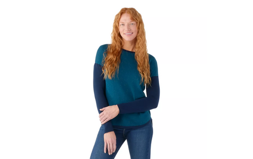 Smartwool Womens Shadow Pine Sweater Blue Donegal Model Studio Image Front